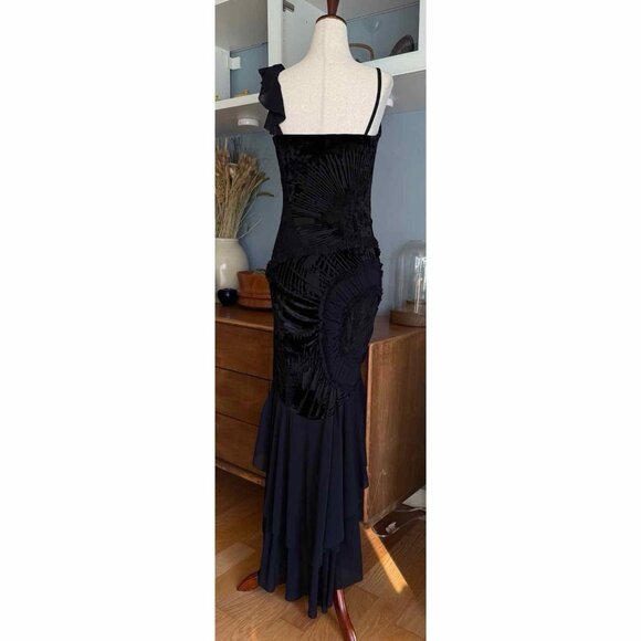 Vintage Y2K Cascadei Black Velvet & Chiffon Evening Dress Asymmetric Whimsy - Picture 4 of 10